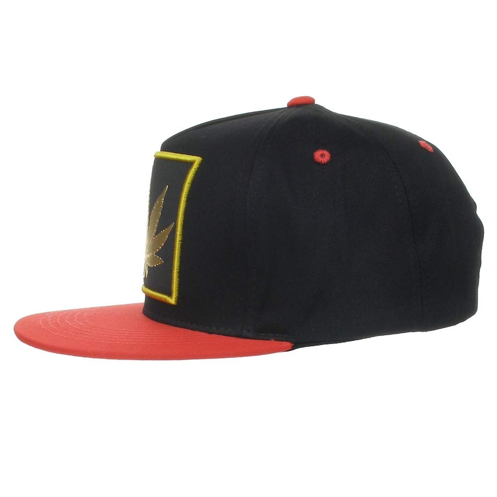 Top Level Flat Brim Snapback Metallic Marijuana Logo High Definition Embroidery Hat/Cap Black/Red