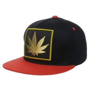 Top Level Flat Brim Snapback Metallic Marijuana Logo High Definition Embroidery Hat/Cap Black/Red