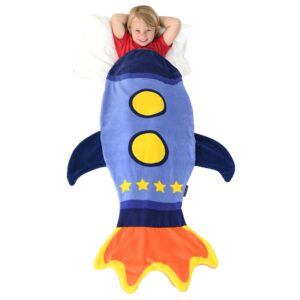 blankie tails wearable rocket ship blanket for boys & girls - double sided fleece astronaut blanket for space toys gifts, sleepovers, and more - space blanket for kids, adults & teens (blue rocket)
