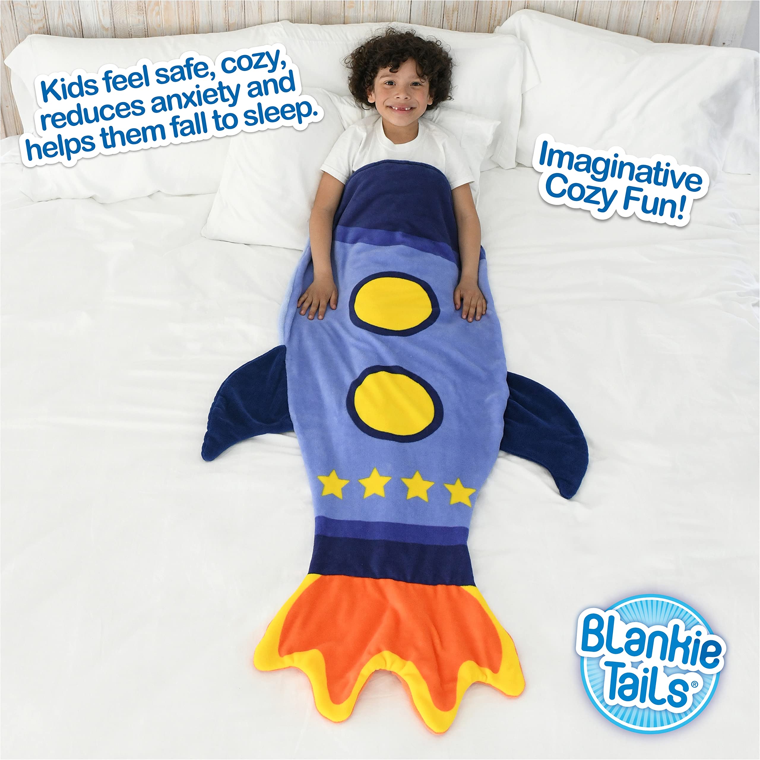 Blankie Tails Wearable Rocket Ship Blanket for Boys & Girls - Double Sided Fleece Astronaut Blanket for Space Toys Gifts, Sleepovers, and More - Space Blanket for Kids, Adults & Teens (Blue Rocket)