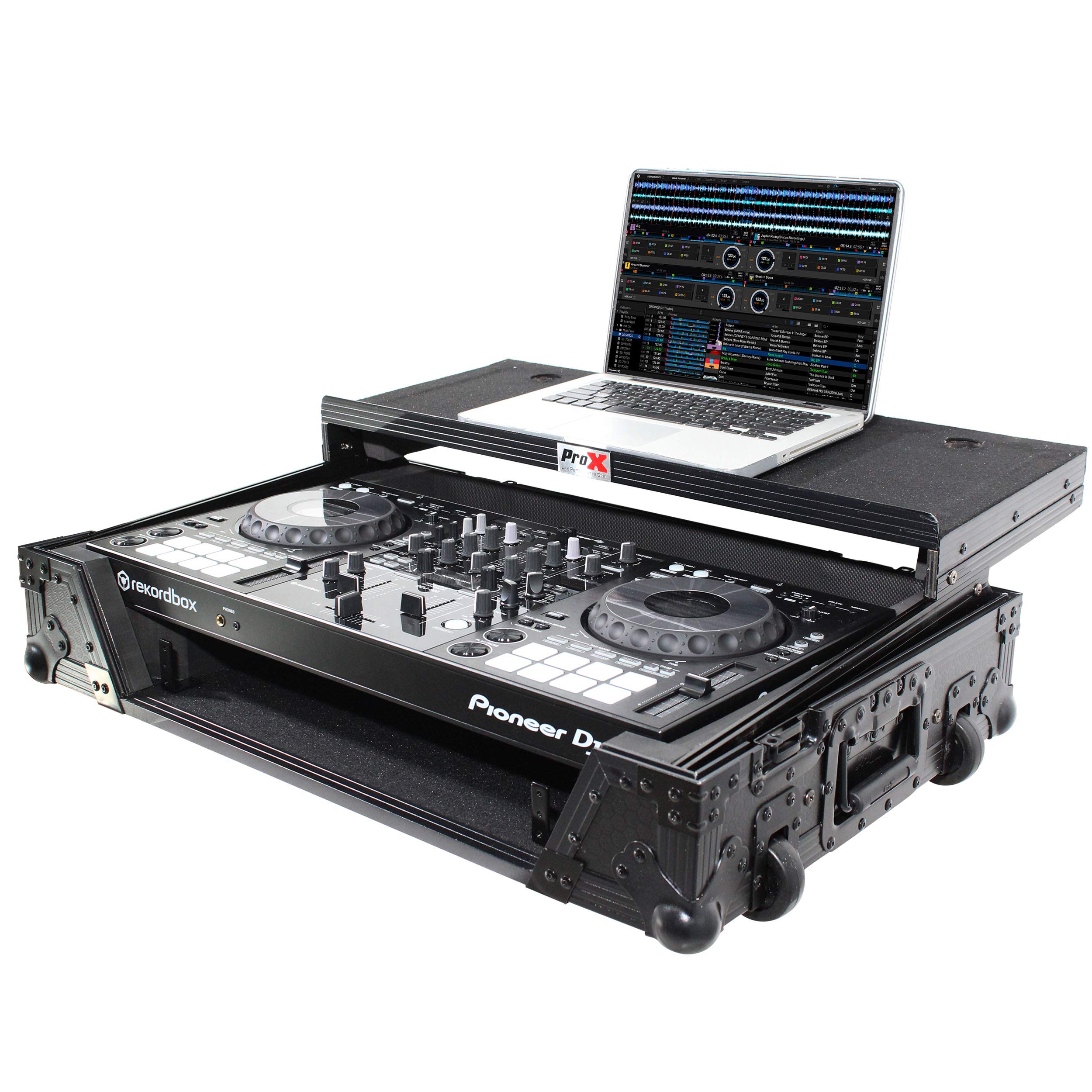 ProX XS-DDJ800 WLTBL Flight Case For Pioneer DDJ-800 Digital Controller W-Sliding Laptop Shelf and Wheels & 1U Rackspace-Black on Black