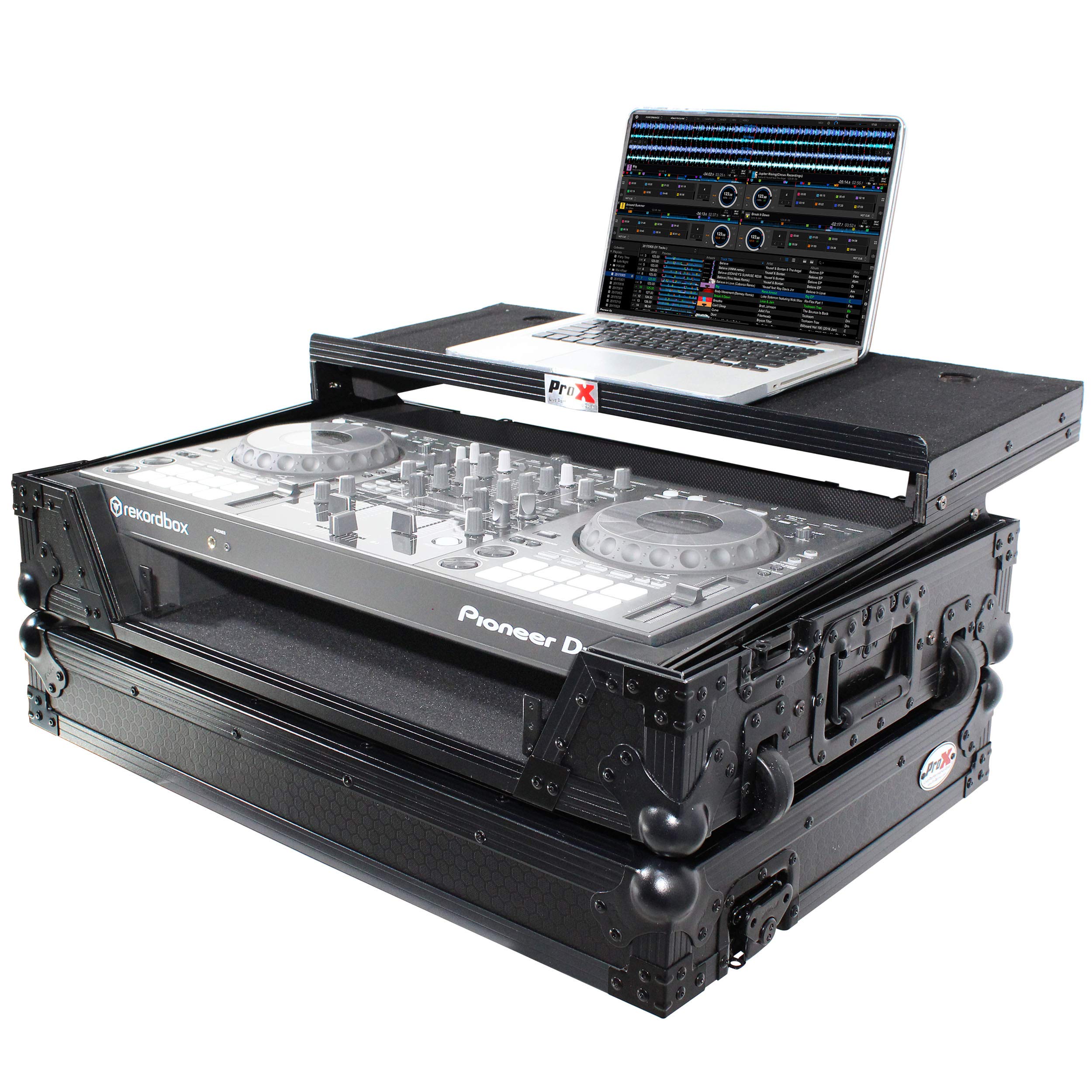 ProX XS-DDJ800 WLTBL Flight Case For Pioneer DDJ-800 Digital Controller W-Sliding Laptop Shelf and Wheels & 1U Rackspace-Black on Black