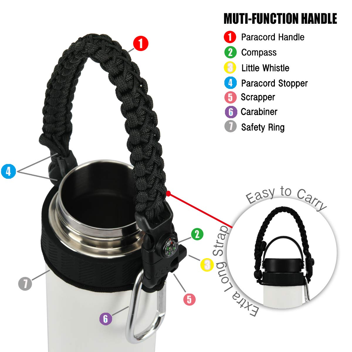 QeeCord Paracord Handle Compatible with Hydro Flask 2.0 Wide Mouth Water Bottle Carrier with New Ring and Carabiner, 12oz, 16oz,18oz, 32oz, 40oz, 64oz