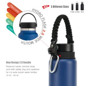 QeeCord Paracord Handle Compatible with Hydro Flask 2.0 Wide Mouth Water Bottle Carrier with New Ring and Carabiner, 12oz, 16oz,18oz, 32oz, 40oz, 64oz