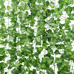 eladeco 12 strands artificial ivy fake vines plants hanging garland for home kitchen garden wall wedding party decoration, 84 ft, green