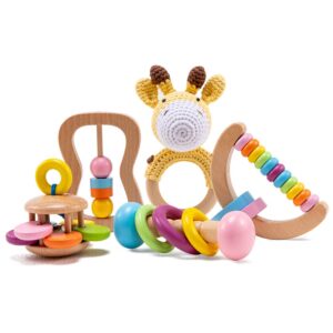 Bopoobo Wooden Baby Rattle-5PCS Natural Crochet Giraffe Organic Montessori Toys Wooden Baby Toys Early Development Rattle Perfect for Baby 6-12 Months Infant Wooden Toy Safe Wood Rattle Crafts