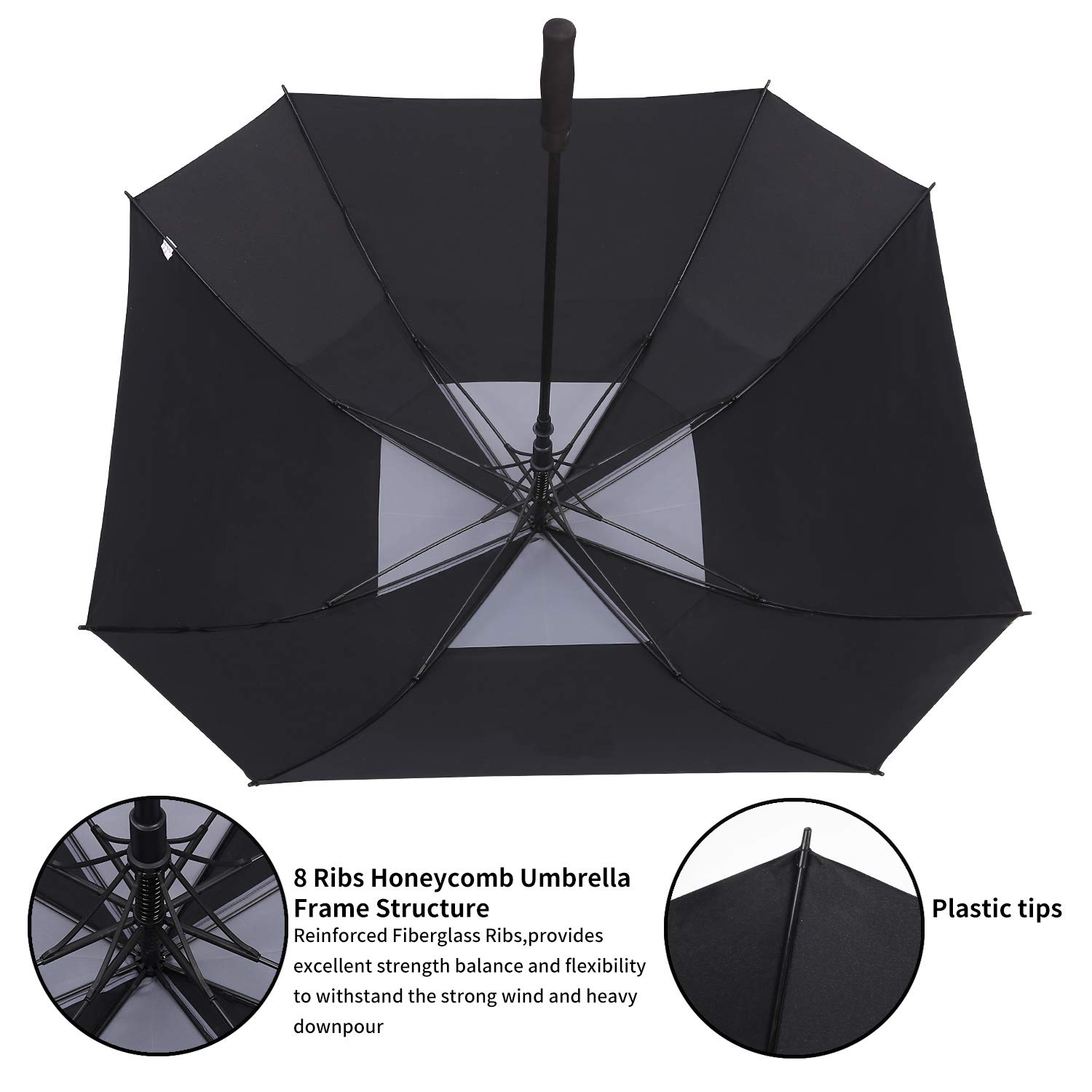 Doubwell Square Golf Umbrella 62 Inch Large Size With Windproof Vented Automatic Stick Sturdy Umbrella For Man and Woman (Black/grey, 62 inch)