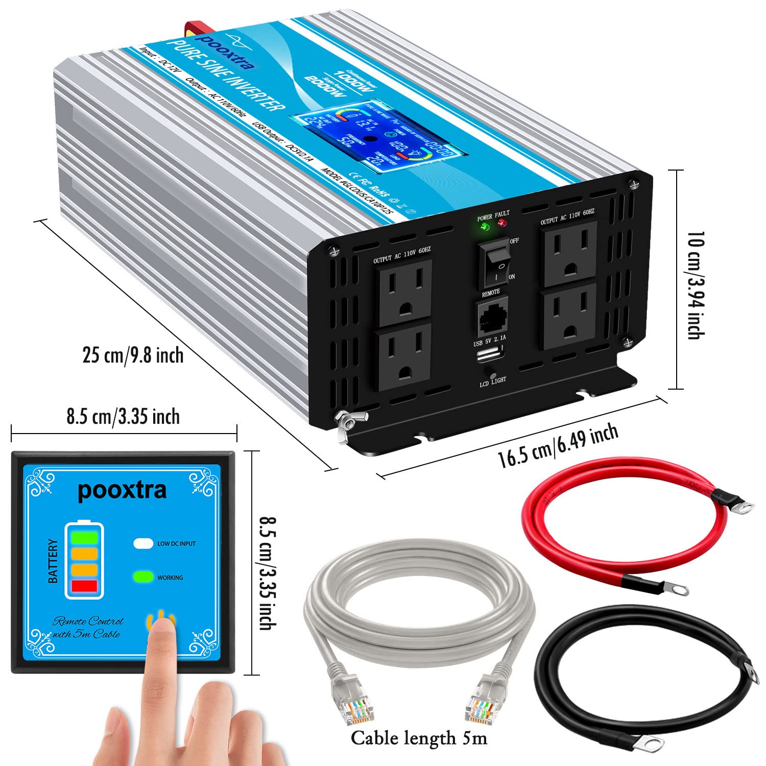 POOXTRA 2000 Watt Pure Sine Wave Inverter 12V DC to 110V AC Converer with 4 AC Outlets,1 USB Port,16.4ft Remote Control and Dual Cooling Fans-Peak 4000W