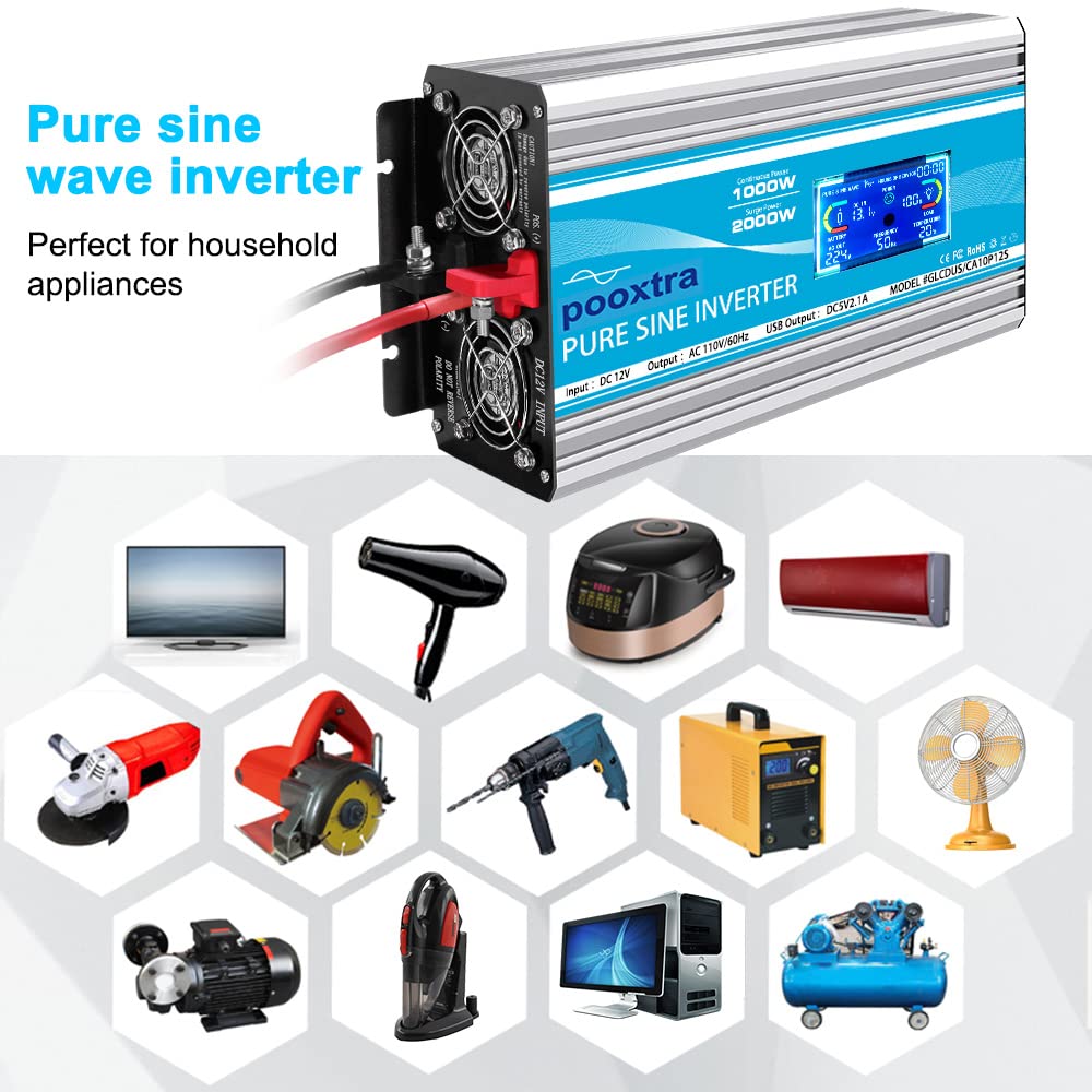 POOXTRA 2000 Watt Pure Sine Wave Inverter 12V DC to 110V AC Converer with 4 AC Outlets,1 USB Port,16.4ft Remote Control and Dual Cooling Fans-Peak 4000W