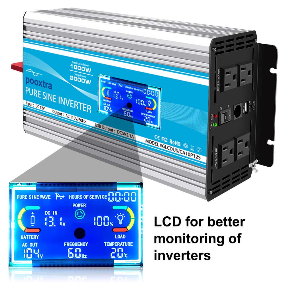 POOXTRA 2000 Watt Pure Sine Wave Inverter 12V DC to 110V AC Converer with 4 AC Outlets,1 USB Port,16.4ft Remote Control and Dual Cooling Fans-Peak 4000W