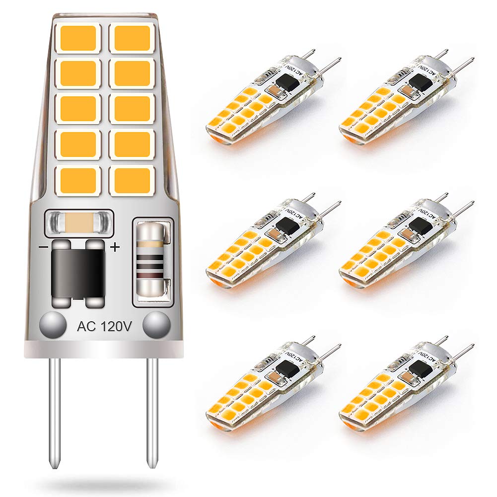 Lacnooe G8 LED Bulb 3W Equivalent to T4 JCD Bi-Pin G8 Base Halogen Bulb 20W-25W Dimmable G8 Light Bulb 120V Warm White 2700K-3000K for Puck Light, Under Cabinet Light, Under Counter Light (6 Pack)