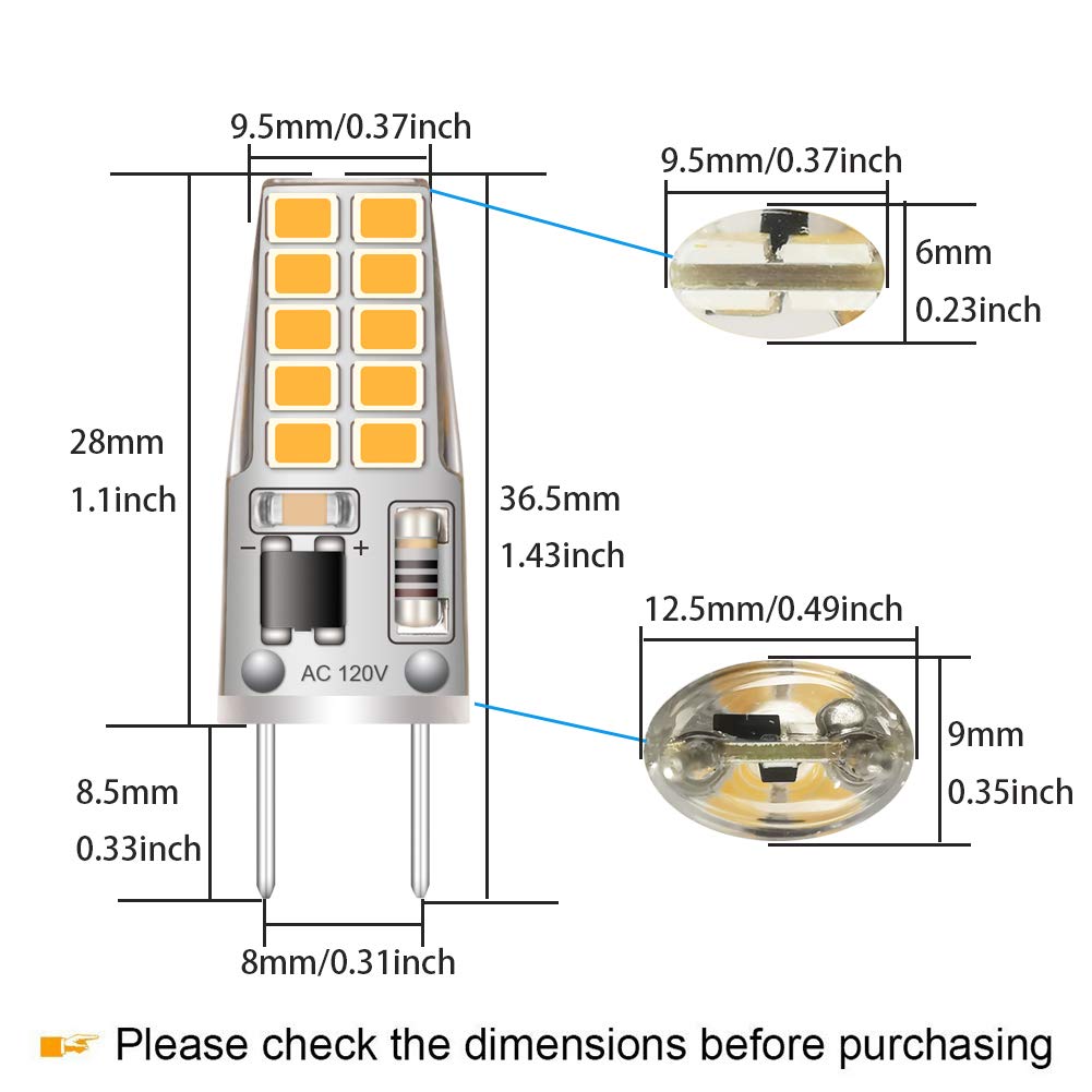 Lacnooe G8 LED Bulb 3W Equivalent to T4 JCD Bi-Pin G8 Base Halogen Bulb 20W-25W Dimmable G8 Light Bulb 120V Warm White 2700K-3000K for Puck Light, Under Cabinet Light, Under Counter Light (6 Pack)