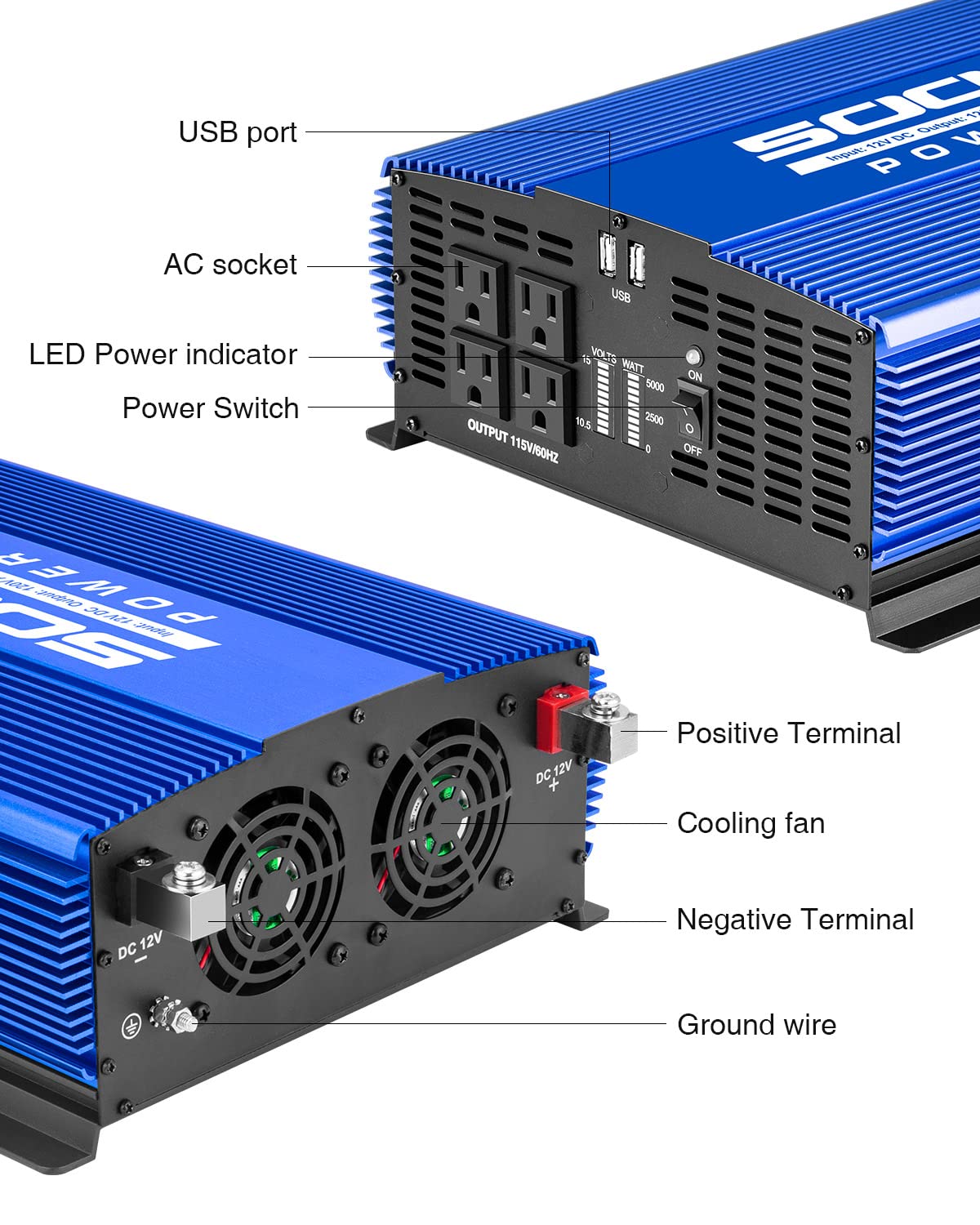 kinverch 5000W Power Inverter 12V to 110V Car Inverter with 4AC Outlets 2USB Ports for Camping/Truck/RV/Home