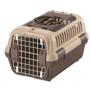 richell: double door carrier: small brown - pet transporter, small cats & dogs up to 11lbs, attach to car seat belts, clear top door, front entry gate