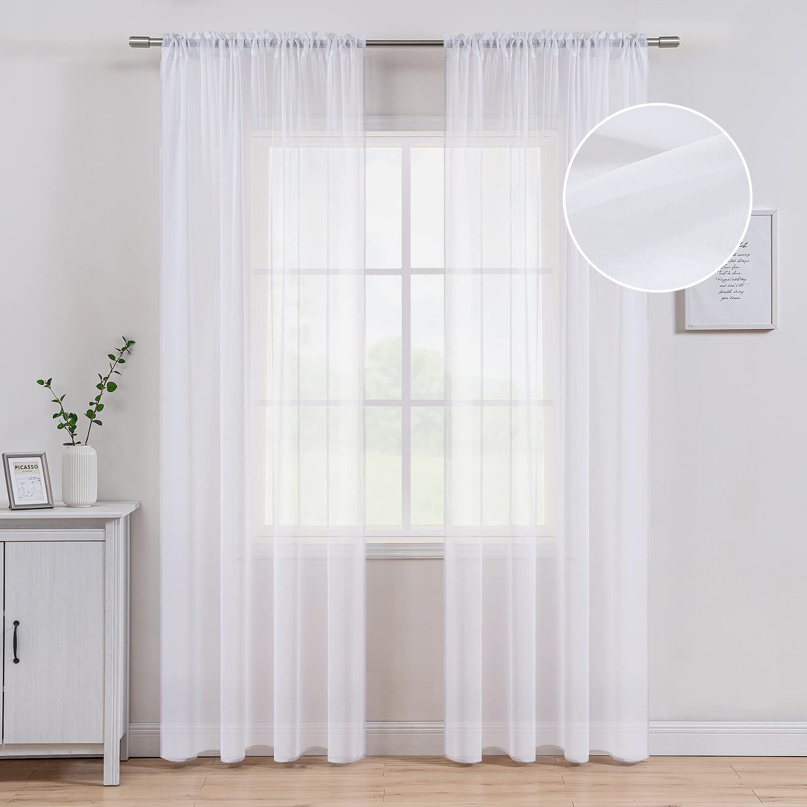 MIULEE Semi White Sheer Curtains Linen Textured Window Treatment Voile Drapes for Living Room Rod Pocket 2 Panels 54 x 72 Inches