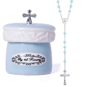 grandeco my first rosary cross for boy keepsake box and rosary gifting set, blue