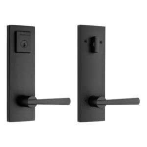 baldwin spyglass, front entry handleset with interior lever, featuring smartkey deadbolt re-key technology and microban protection, in matte black, full escutcheon