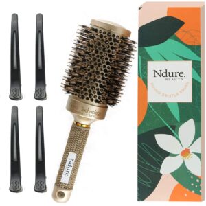 ndure beauty round hair brush for blow drying, single brush with 4 hair clips included, ceramic & ionic tech hair brush with boar bristles, round barrel brush for styling, curling and straightening
