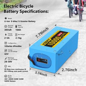 VISET Ebike Battery Pack 36V 48V 10Ah 14Ah 20Ah Electric Bike Battery Li-ion with 2Ah Charger for 350W 450W 750W 500W 800W 1000W Electric Bicycle Motor (36V 10Ah Light 200W-500W)