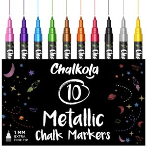 extra fine tip metallic chalk markers (10 pack, 1mm) liquid chalk pens - for blackboards, chalkboard, bistro menu, window - wet wipe erasable