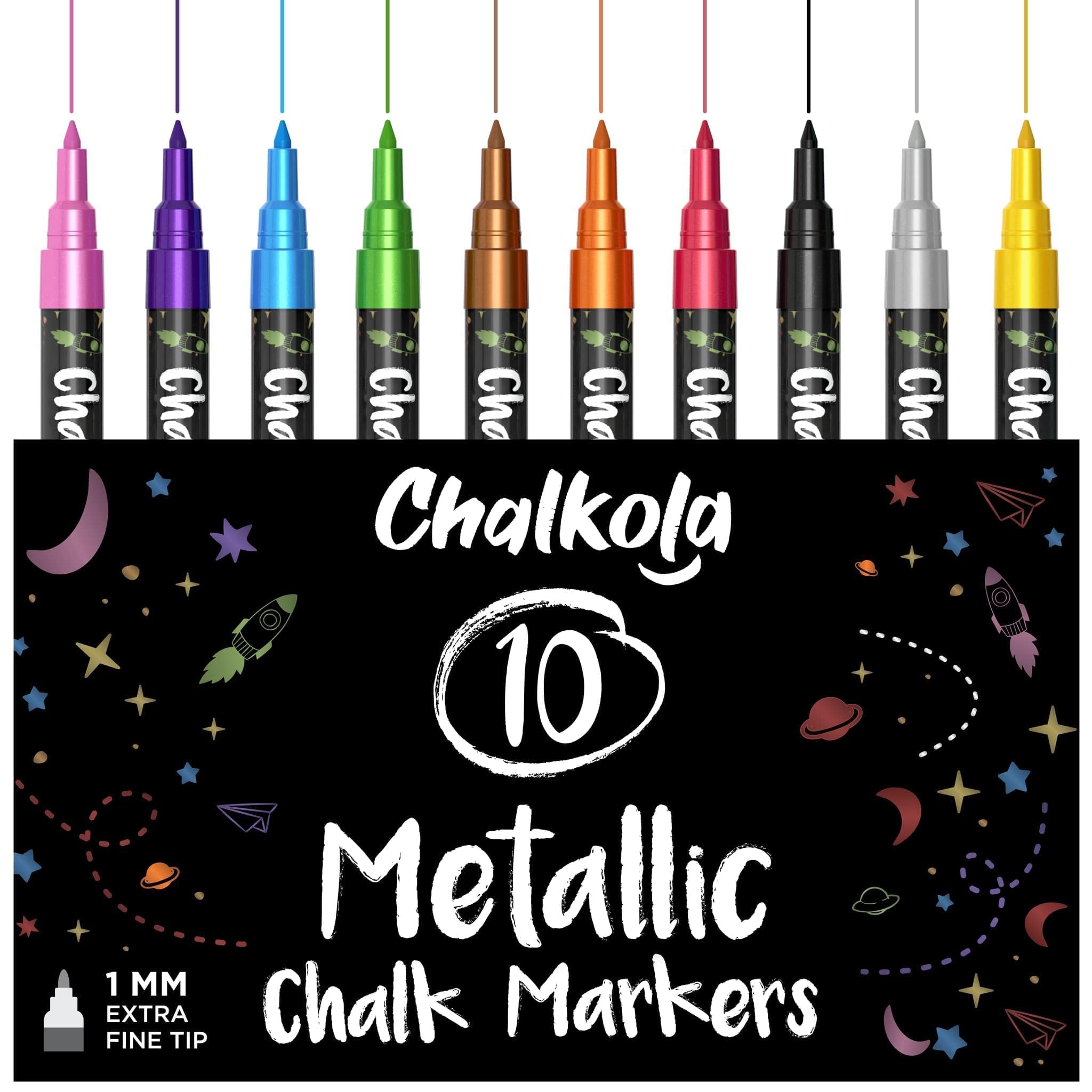 Extra Fine Tip Metallic Chalk Markers (10 Pack, 1mm) Liquid Chalk Pens - For Blackboards, Chalkboard, Bistro Menu, Window - Wet Wipe Erasable