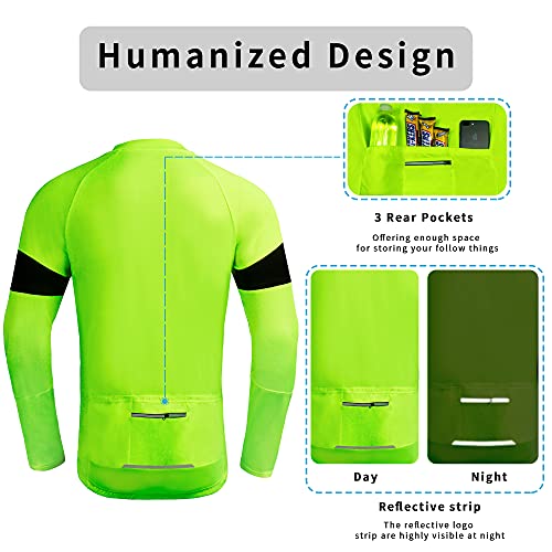 Dooy Men's Cycling Jersey Long Sleeve Bike Shirts Full Zipper Biking Jerseys with 3 Rear Pockets, Breathable MTB Shirt Series(Yellow,Medium)