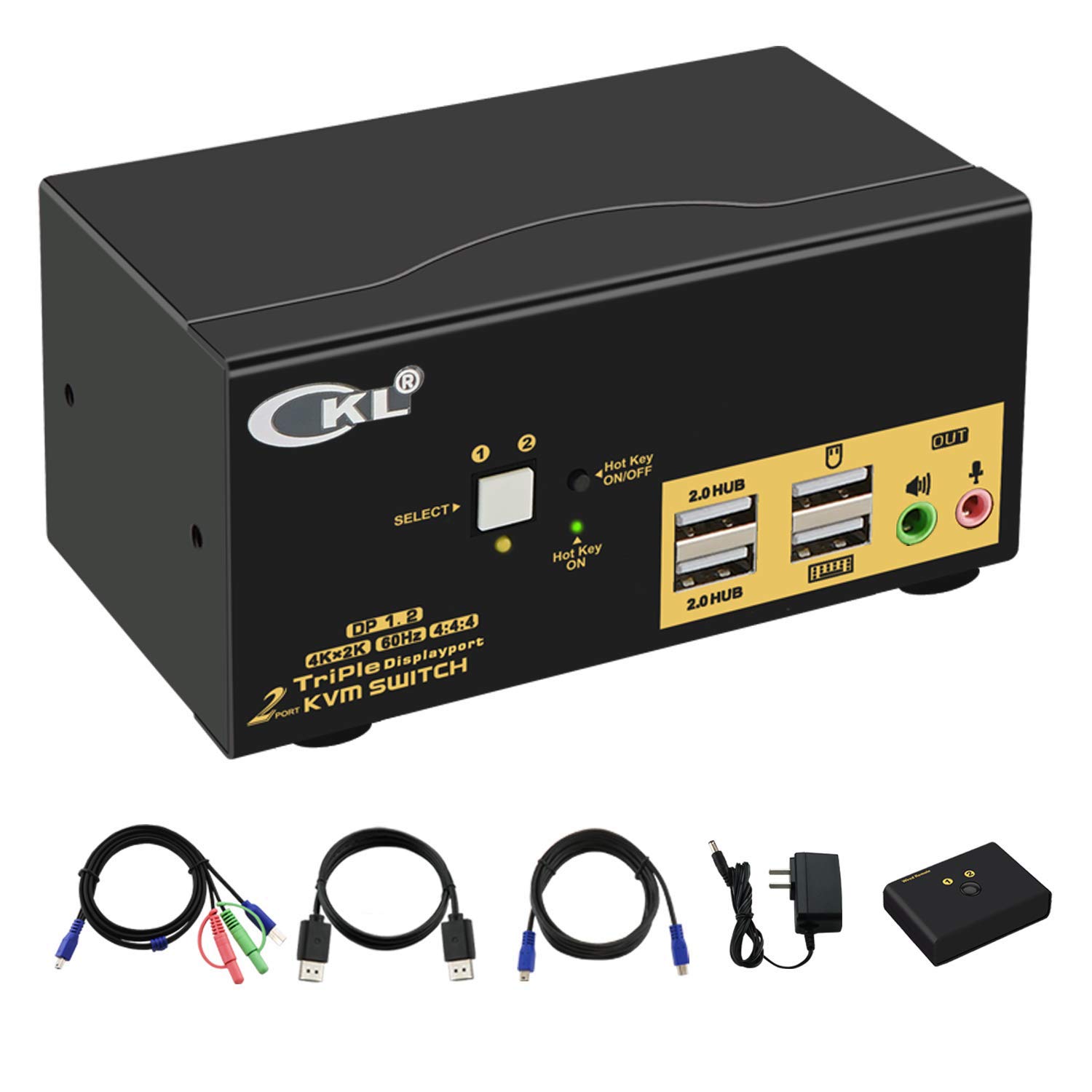 CKL KVM Switch Triple Monitor DisplayPort 2 Port 4K 60Hz 4:4:4, 2x3 DP KVM Switch with Audio and USB 2.0 HUBs, Model Number: CKL-623DP