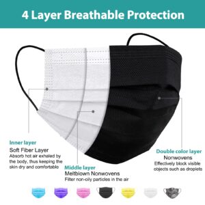 Assacalynn Disposable Mask 4 Layer 2023 Black Mask with White Inside, Breathable Single Use Dust Mask with Wider Soft Earloops for Adult Men Women Box 50 Pack