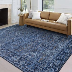 realife machine washable area rug - living room bedroom bathroom kitchen entryway office - non slip low pile stain resistant premium - boho vintage traditional - lyle - blue 4' x 6'