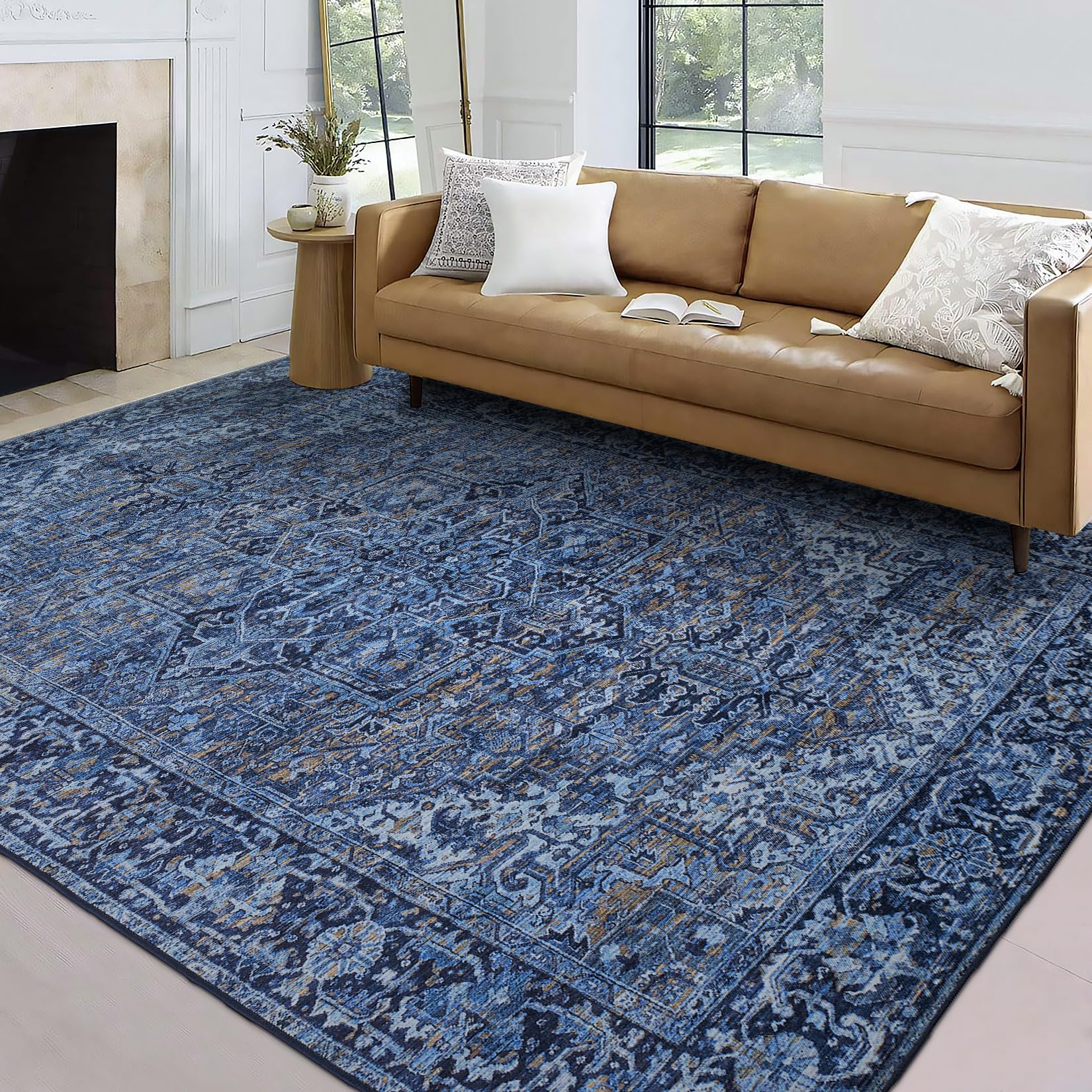 ReaLife Machine Washable Area Rug - Living Room Bedroom Bathroom Kitchen Entryway Office - Non Slip Low Pile Stain Resistant Premium - Boho Vintage Traditional - Lyle - Blue 4' x 6'