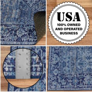 ReaLife Machine Washable Area Rug - Living Room Bedroom Bathroom Kitchen Entryway Office - Non Slip Low Pile Stain Resistant Premium - Boho Vintage Traditional - Lyle - Blue 4' x 6'