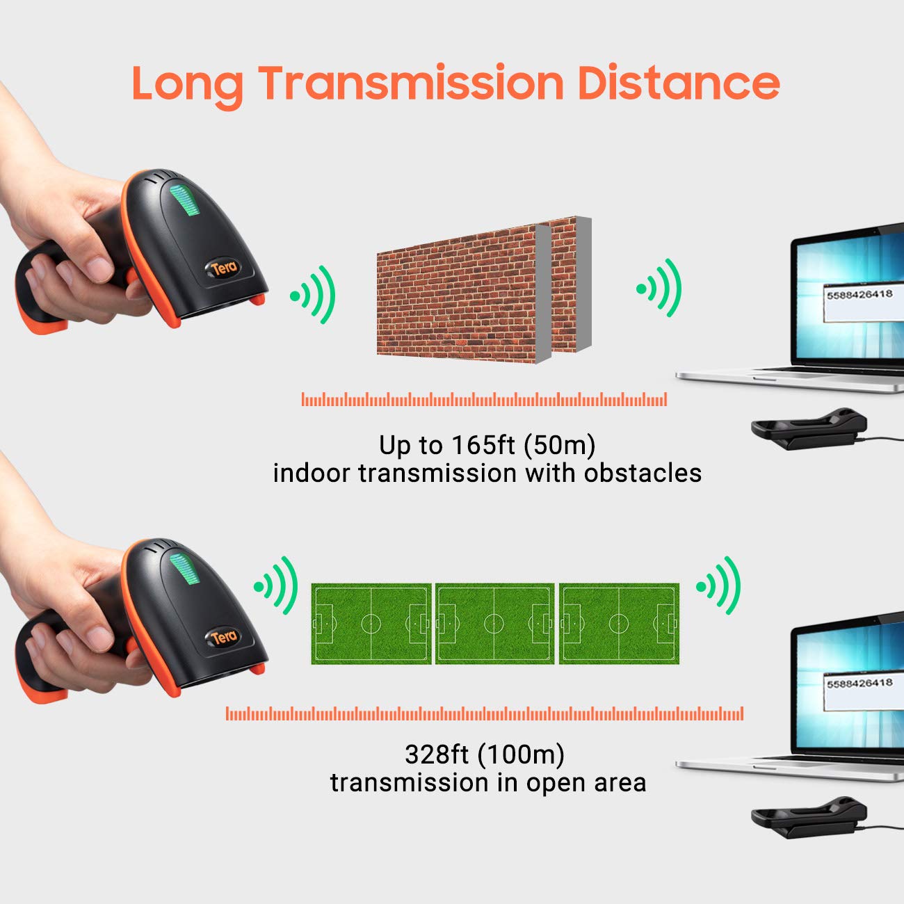 Tera 1D 2D QR Barcode Scanner with Adjustable Folding Stand and Charging Cradle, Wall Mountable 2.4G Wireless & USB 2.0 Wired QR Bar Code Reader with Vibration Alert Model D5100-Fold