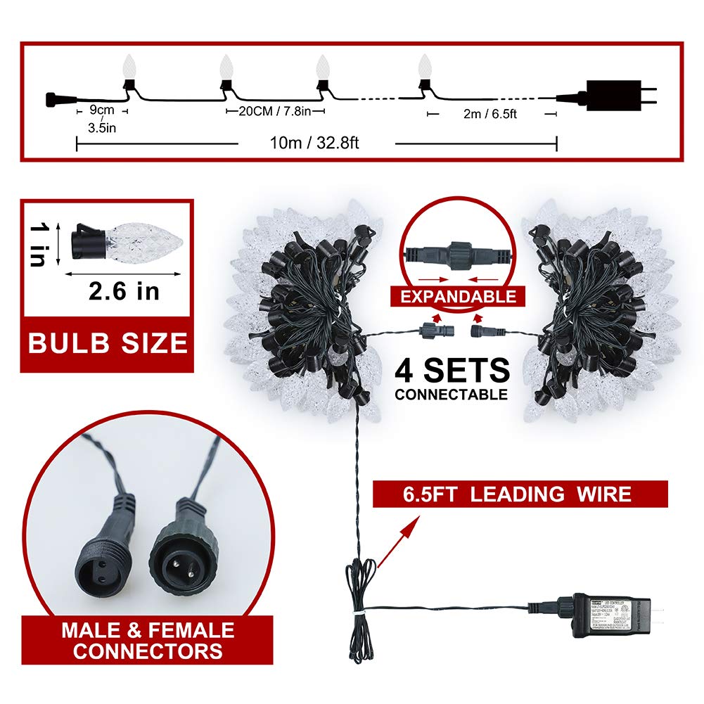 Hopolon C9 Christmas String Lights, 8Modes 50 LED 33ft Outdoor Decoration Lights with 30V Safe Adaptor, Extendable Green Wire String Lights for Patio Xmas Tree Wedding Party Decoration, Warm White