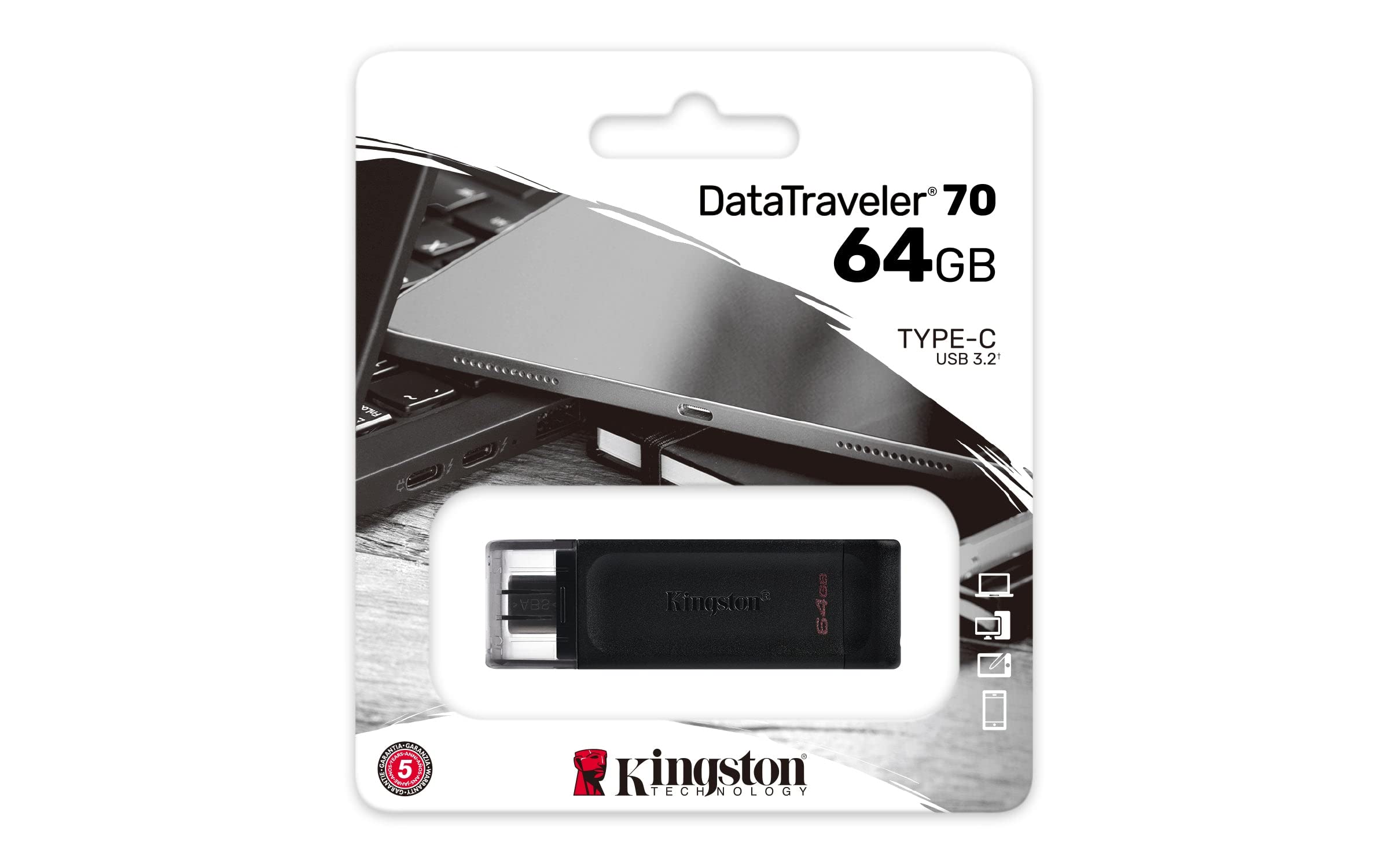 Kingston DataTraveler 70 64GB Portable and Lightweight USB-C flashdrive with USB 3.2 Gen 1 speeds DT70/64GB, Black