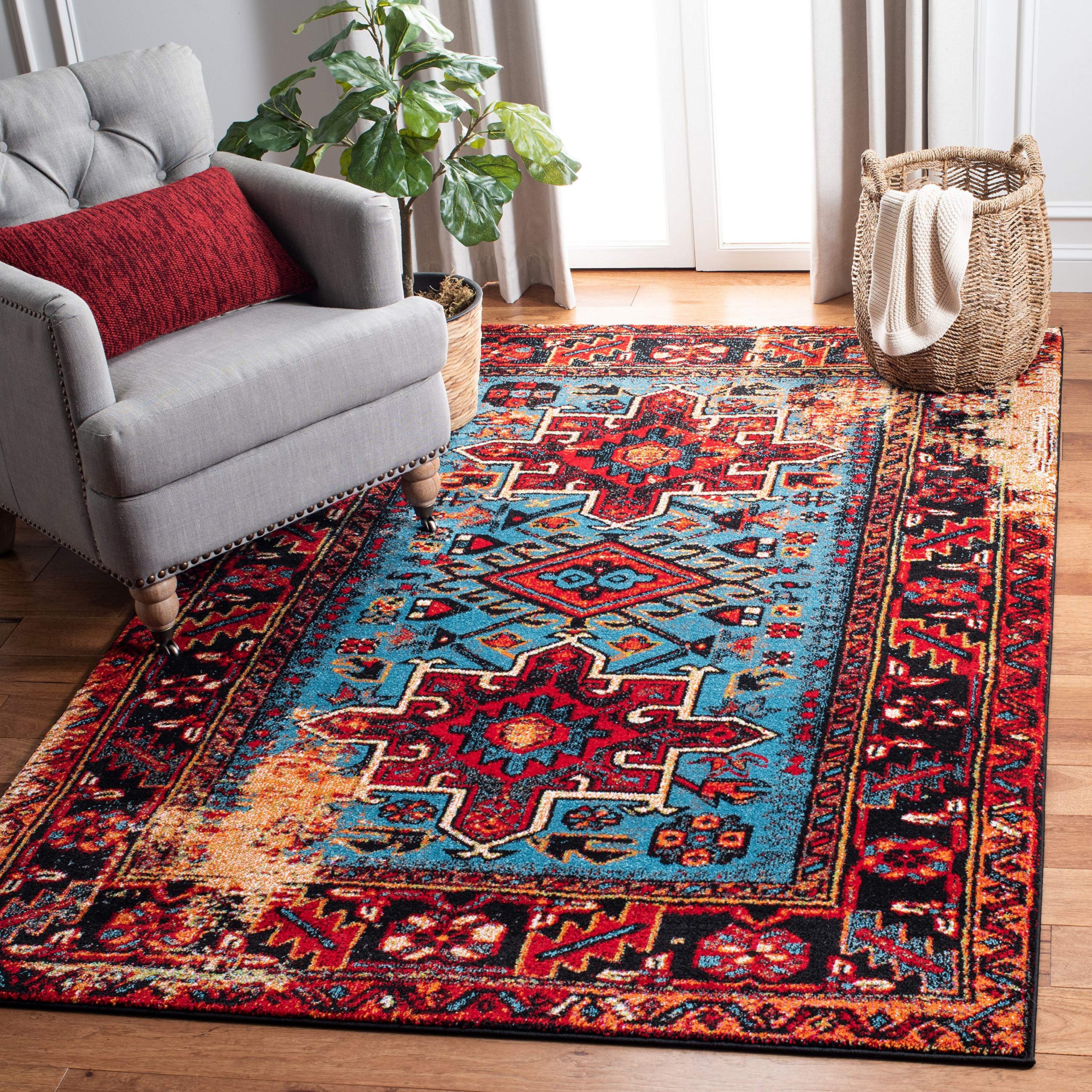 SAFAVIEH Vintage Hamadan Collection Area Rug - 6'7" x 9', Red & Light Blue, Traditional Persian Design, Non-Shedding & Easy Care, Ideal for High Traffic Areas in Living Room, Bedroom (VTH211Q)