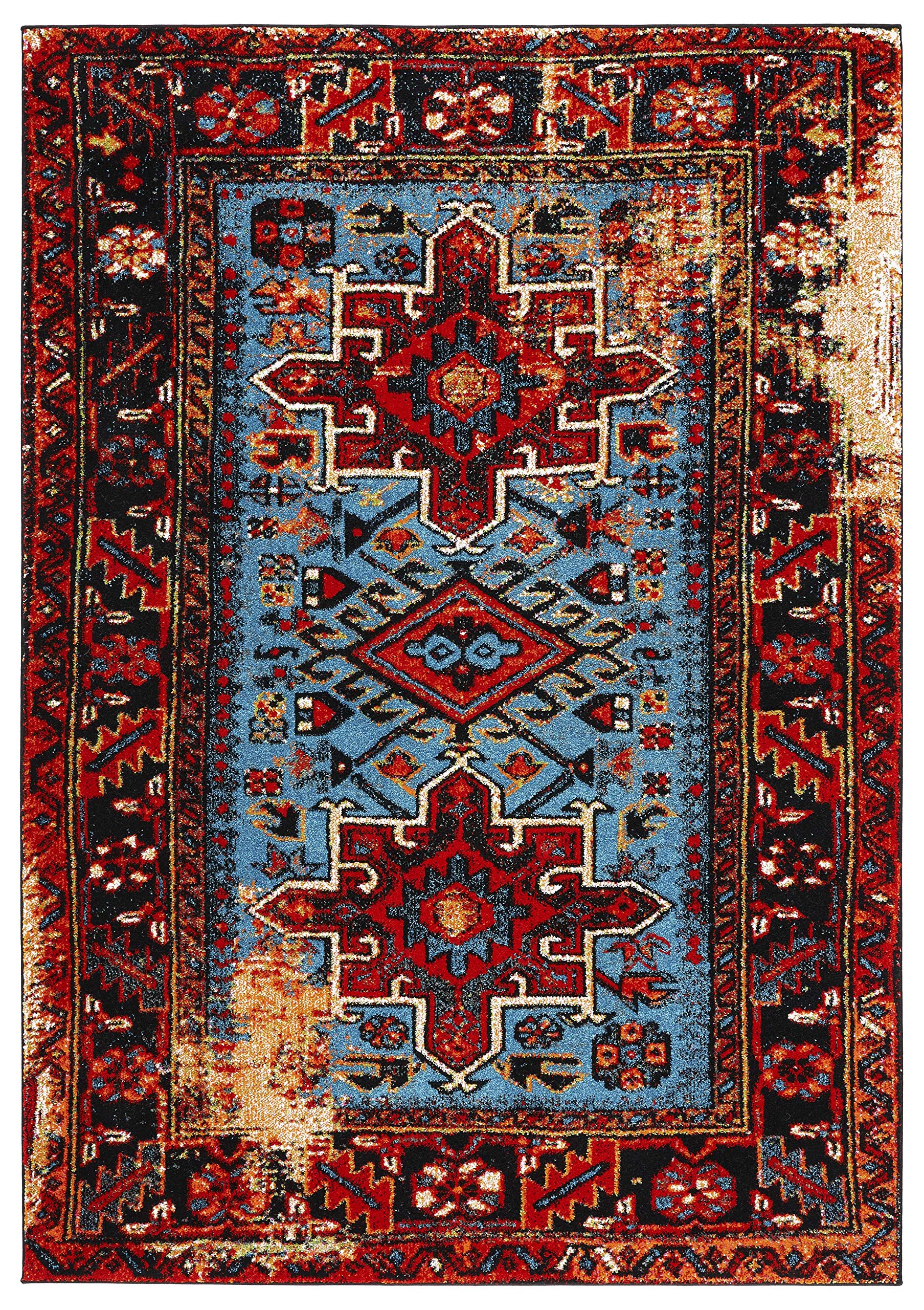 SAFAVIEH Vintage Hamadan Collection Area Rug - 6'7" x 9', Red & Light Blue, Traditional Persian Design, Non-Shedding & Easy Care, Ideal for High Traffic Areas in Living Room, Bedroom (VTH211Q)