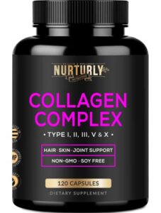 nurturly multi collagen peptides powder capsules - hydrolyzed collagen peptides types (i, ii, iii, v & x) - collagen supplements for joint health, anti-aging, hair, skin & nails - 120 capsules