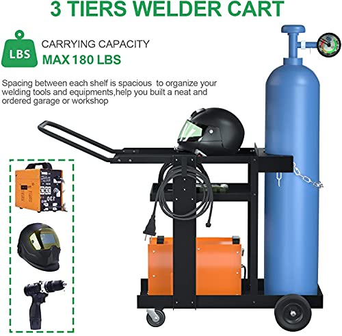 Reliancer 3-Tier Rolling Welding Cart MIG TIG ARC Plasma Cutter Machine Heavy Duty Welding Welder Cart 180 Lbs Weight Capacity with Tank Storage & 2 Cable Hooks & Safety Chain Plasma Cutting Equipment
