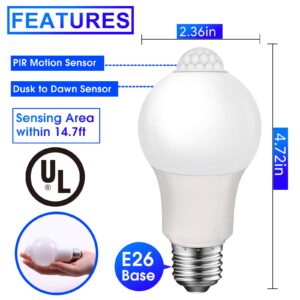 Energetic Motion Sensor Light Bulb, 8.5W (60 Watt Equivalent) E26 Motion Activated Dusk to Dawn Security Light Bulb for Front Door Porch Garage Basement Hallway Closet, 3000K Warm White, 2 Pack