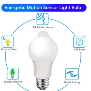 Energetic Motion Sensor Light Bulb, 8.5W (60 Watt Equivalent) E26 Motion Activated Dusk to Dawn Security Light Bulb for Front Door Porch Garage Basement Hallway Closet, 3000K Warm White, 2 Pack