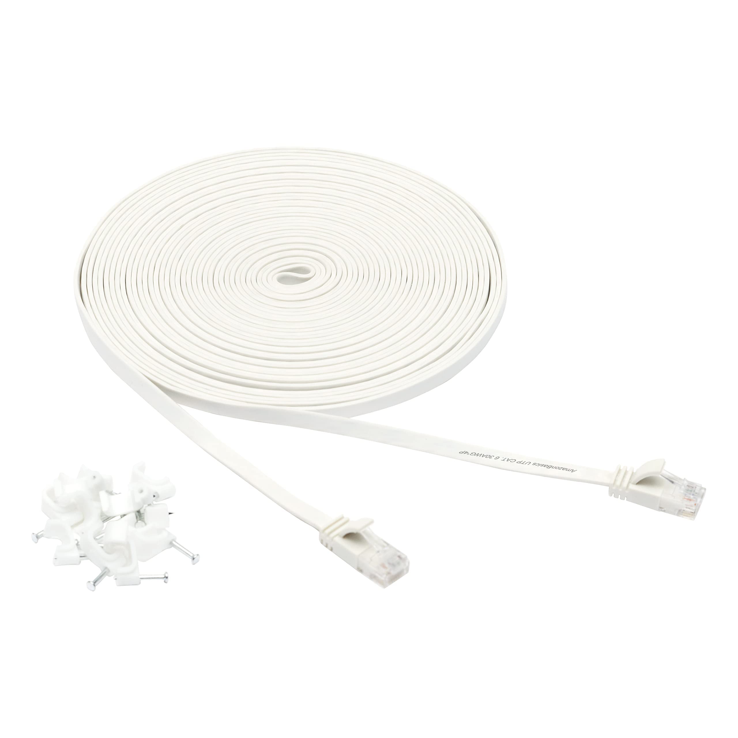 Amazon Basics Cat 6 Gigabit Ethernet Patch Internet Cable, Flat - 50FT, 1Pack, White - Include 20 Nails