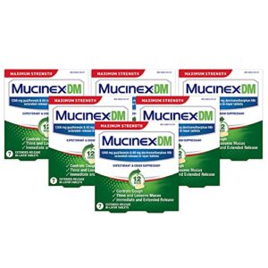 cough suppressant and expectorant, mucinex dm maximum strength 12 hour tablets, 7ct, 1200 mg guaifenesin, relieves chest congestion, quiets wet and dry cough, 1 doctor recommended (pack of 6)