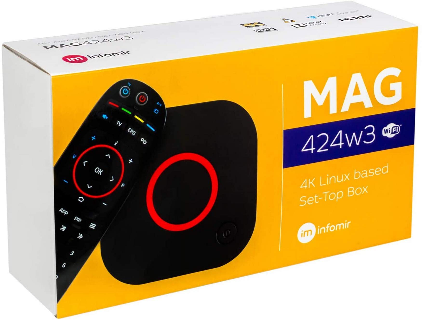 Infomir Mag 424 W3 (Mag 424W3) 4K 2160P Hevc 600Mbps Built-in Dual Band WiFi, Bluetooth, HDMI Cable 1 GB RAM, 8 GB eMMC (Faster than Mag 324w2 322W1)