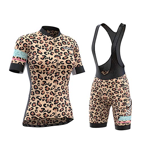 Women's Pro Series Leopard Print Cycling Short Sleeve Jersey, Bib Shorts, or Kit Bundle (Medium - Size 6, Jersey + Bib Shorts Set)