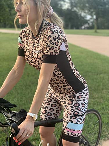 Women's Pro Series Leopard Print Cycling Short Sleeve Jersey, Bib Shorts, or Kit Bundle (Medium - Size 6, Jersey + Bib Shorts Set)