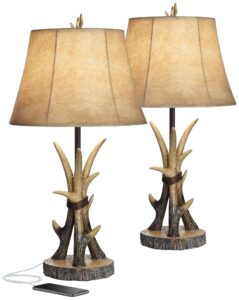 john timberland boone rustic western table lamps 27.5" tall set of 2 with usb charging port natural antler bell shade decor for living room bedroom house bedside nightstand home office