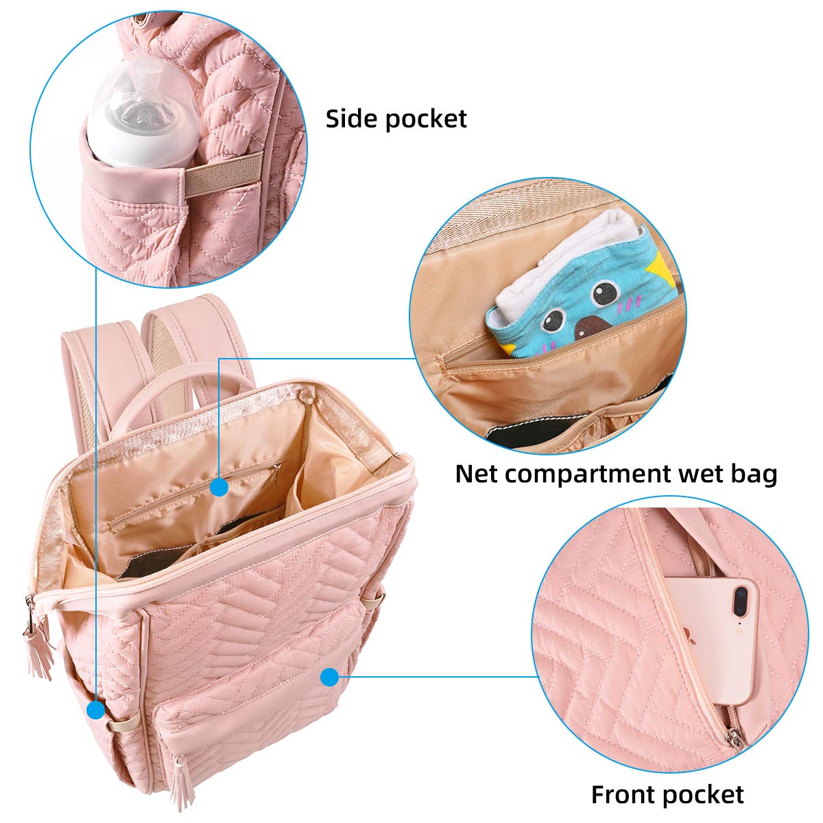 KZNI Diaper Bag Backpack, Travel Diaper Backpack, Diaper Bag with Stroller Hanger,Thermal Pockets,Diaper Bag Backpack (pink)