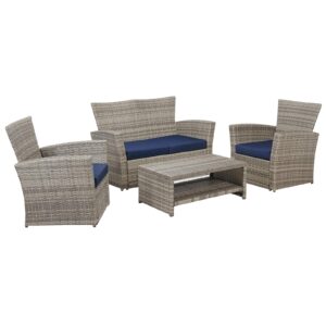 Laurel Canyon Outdoor Patio Furniture 4 Piece Wicker Conversation Sets, Rattan Loveseat and 2 Chairs with Cushions Coffee Table for Porch Deck, Grey