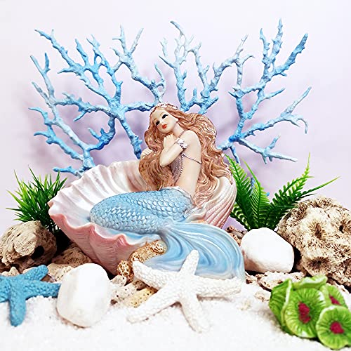 Blue Mermaid Figurines Resin Mermaid with Shell Sculpture Mediterranean Princess Ornaments Home Office Desktop Bookshelf Mermaid Collectible Figurines Crafts Fish Tank Aquarium Decoration