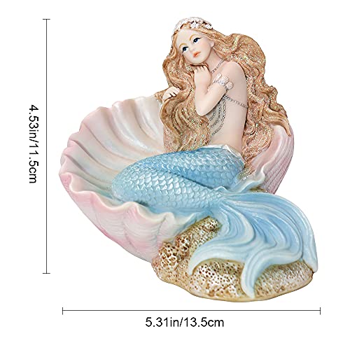 Blue Mermaid Figurines Resin Mermaid with Shell Sculpture Mediterranean Princess Ornaments Home Office Desktop Bookshelf Mermaid Collectible Figurines Crafts Fish Tank Aquarium Decoration